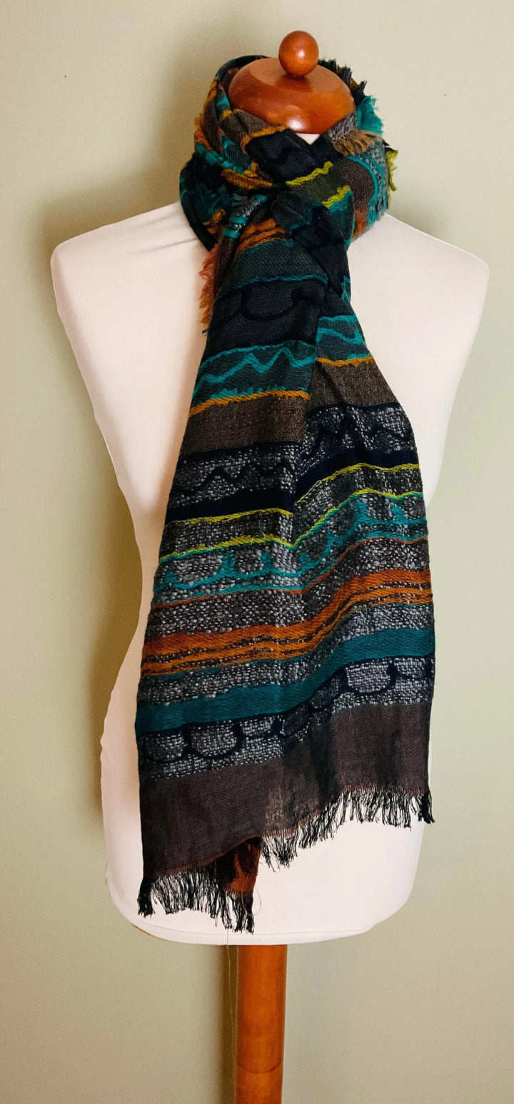 Handmade Multi Colour Grey Green Blue Orange Striped Wool Cotton and Acrylic Scarf With Frayed Edges