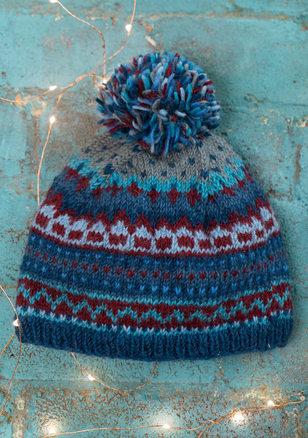 Hand Made Warm Cosy Multi Coloured Blue New Zealand Wool Bobble Hat with Fleece Inner Lining
