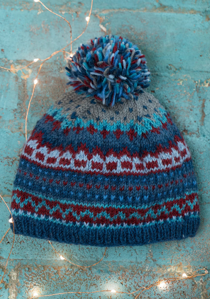 Hand Made Warm Cosy Multi Coloured Blue New Zealand Wool Bobble Hat with Fleece Inner Lining