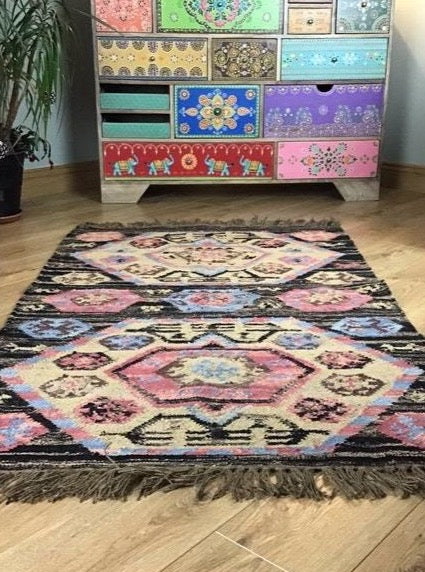 Wool Hand Loomed Beige Black and Pink Kilim 90cm x 150cm