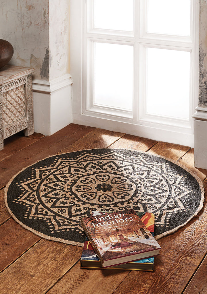 Natural Black Mandala Printed Jute Round Rug 90 cm Diameter