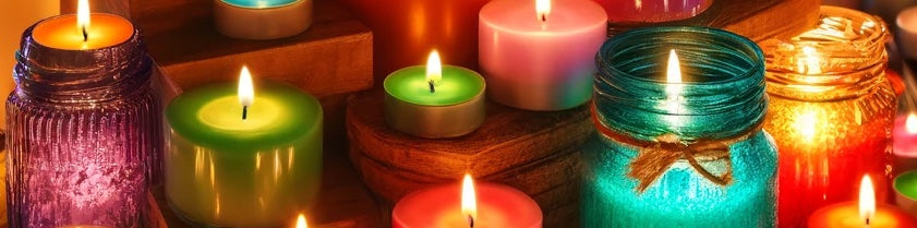 Multi coloured tea light candles and candles in jar all lit