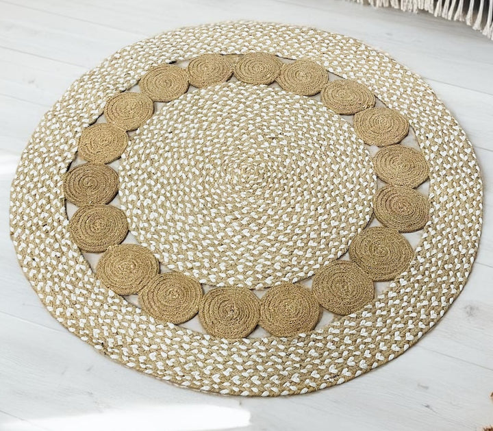 Round Rustic Rug Natural White Speckled Mini Circles Design Cotton and Jute Two Sizes