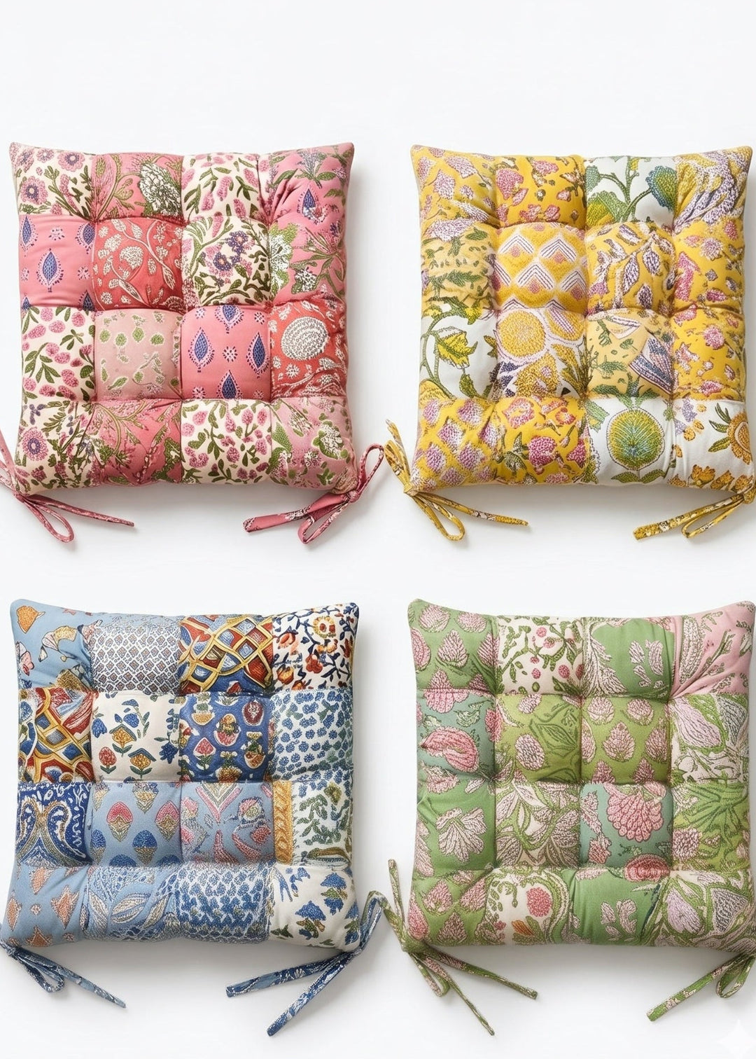 Four colourful patterned cushions on a white background