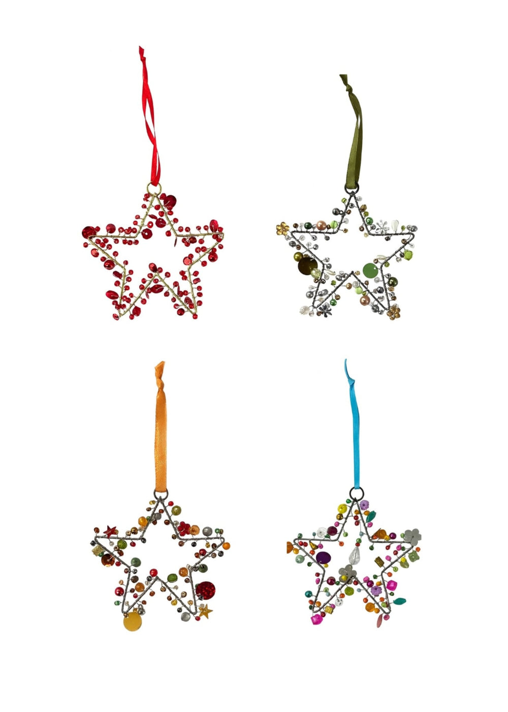 Four star-shaped decorative ornaments with colourful embellishments on a white background