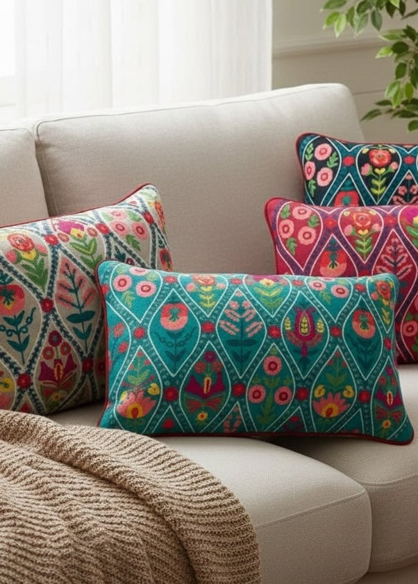 Colourful embroidered cushions on a beige sofa with a neutral background