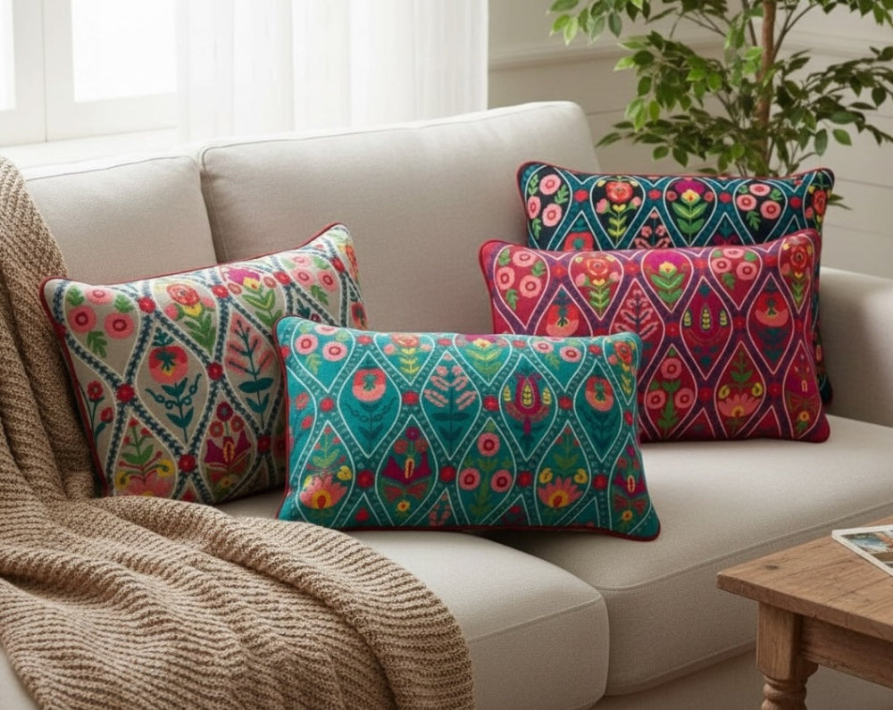 Colourful patterned cushions on a beige sofa with a plant in the background