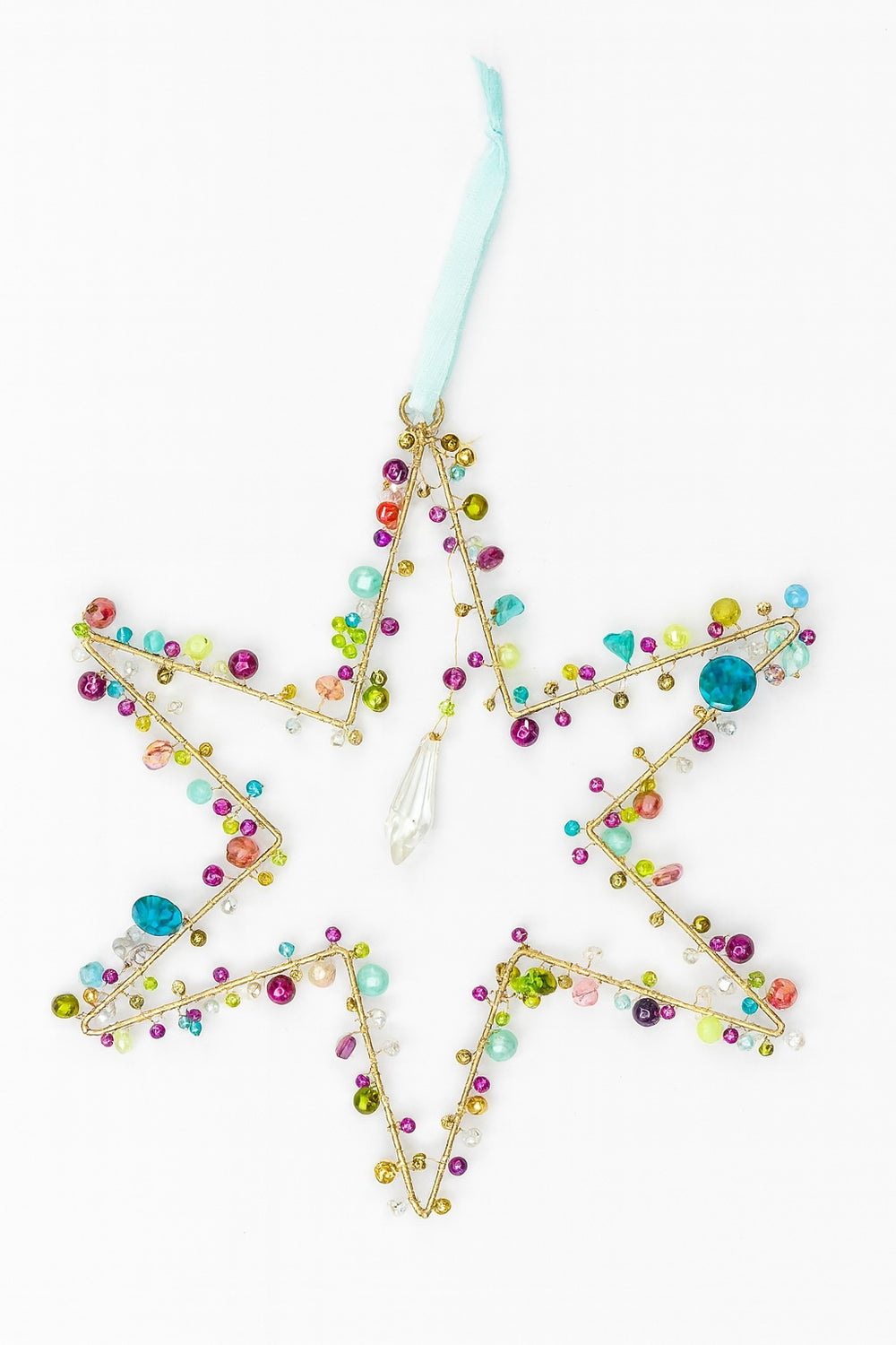 Decorative star ornament with colourful beads on a white background