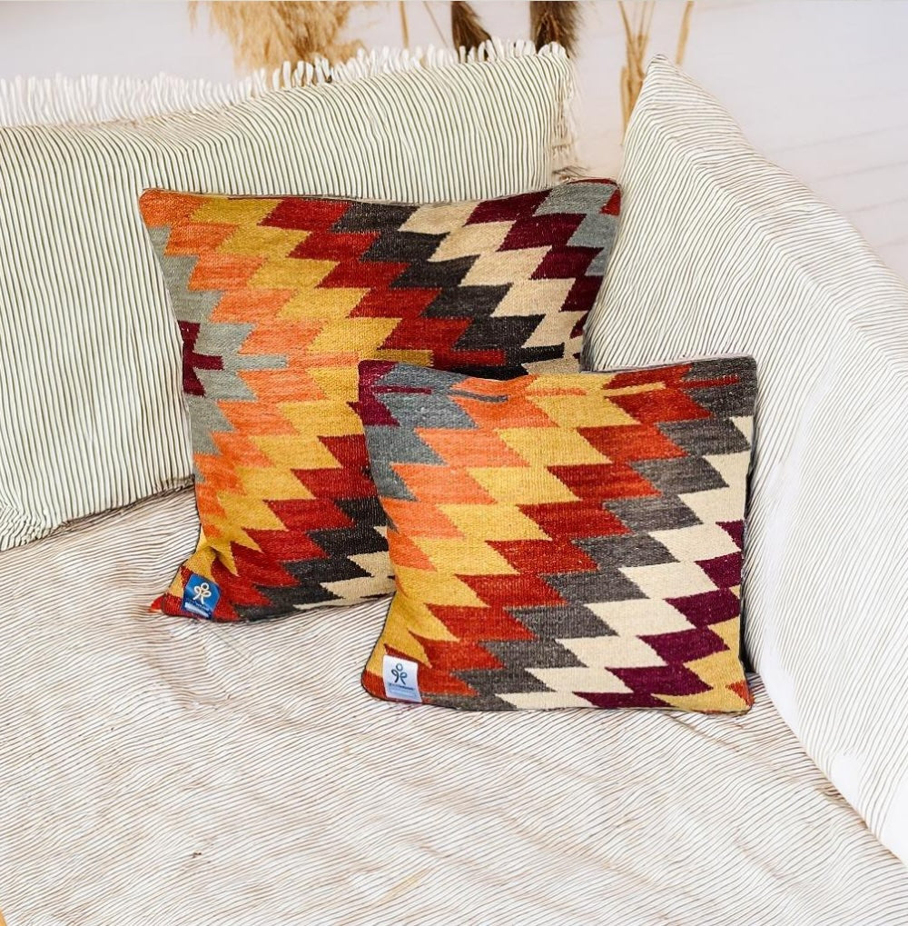 Alwar Kilim Cushion Cover Geometric Orange Brown Red Design