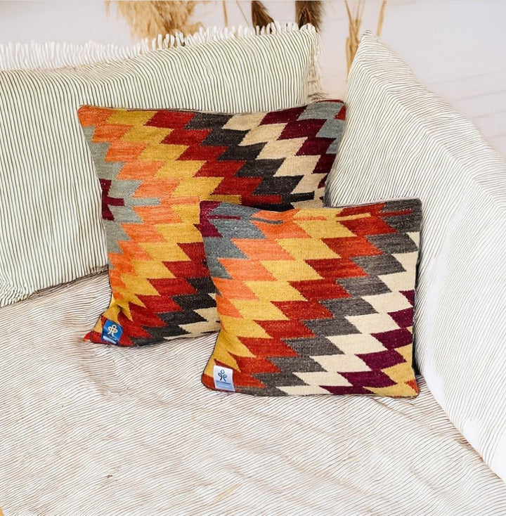 Alwar Kilim Cushion Cover Geometric Orange Brown Red Design