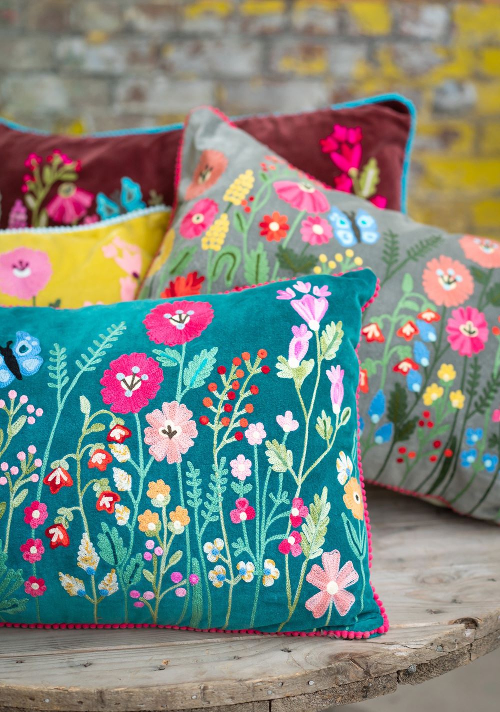 Cotton Velvet Cushion Cover with Floral Pattern Available in 4 Colours