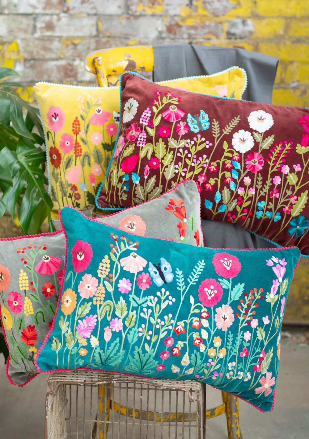 Cotton Velvet Cushion Cover with Floral Pattern Available in 4 Colours