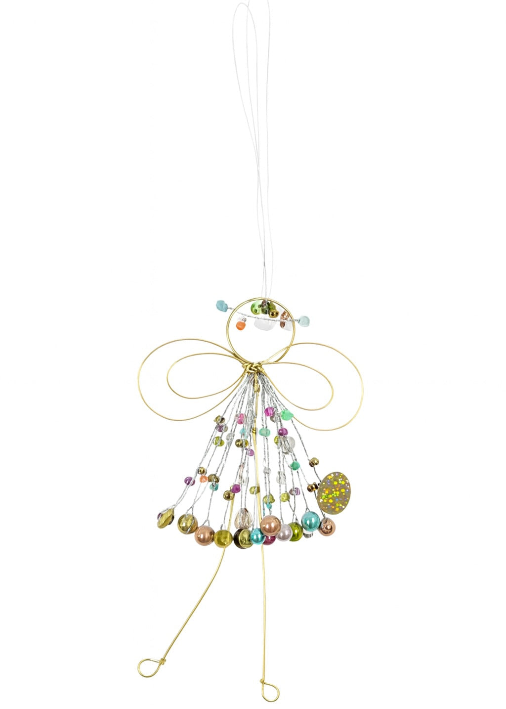 Decorative angel ornament with colourful beads on a white background