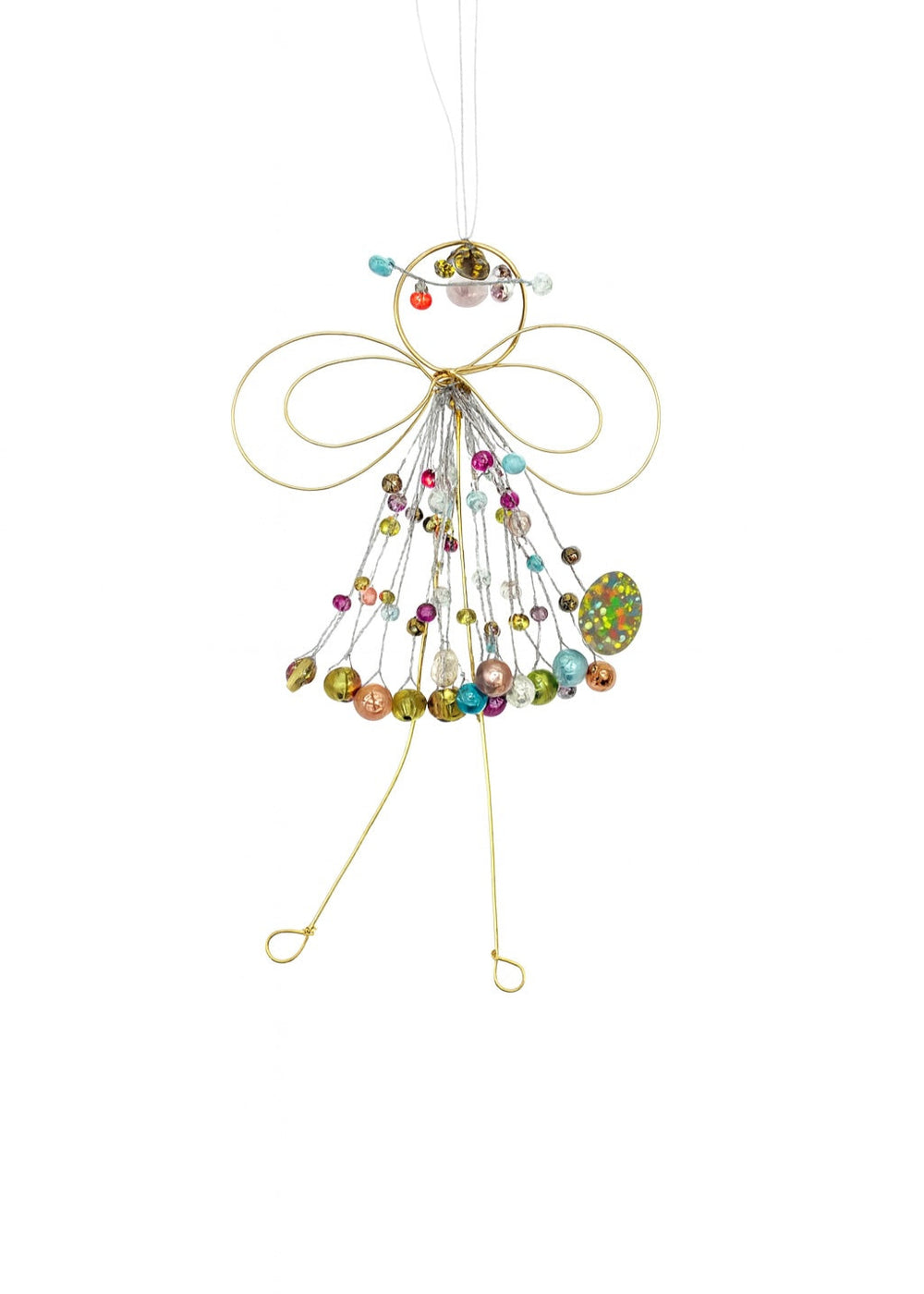 Decorative angel ornament with colourful beads on a white background