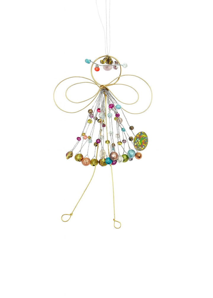 Decorative angel ornament with colourful beads on a white background
