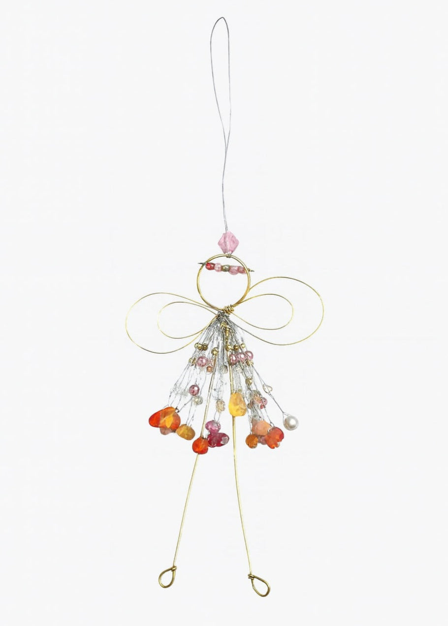 Decorative hanging ornament with colourful beads on a white background