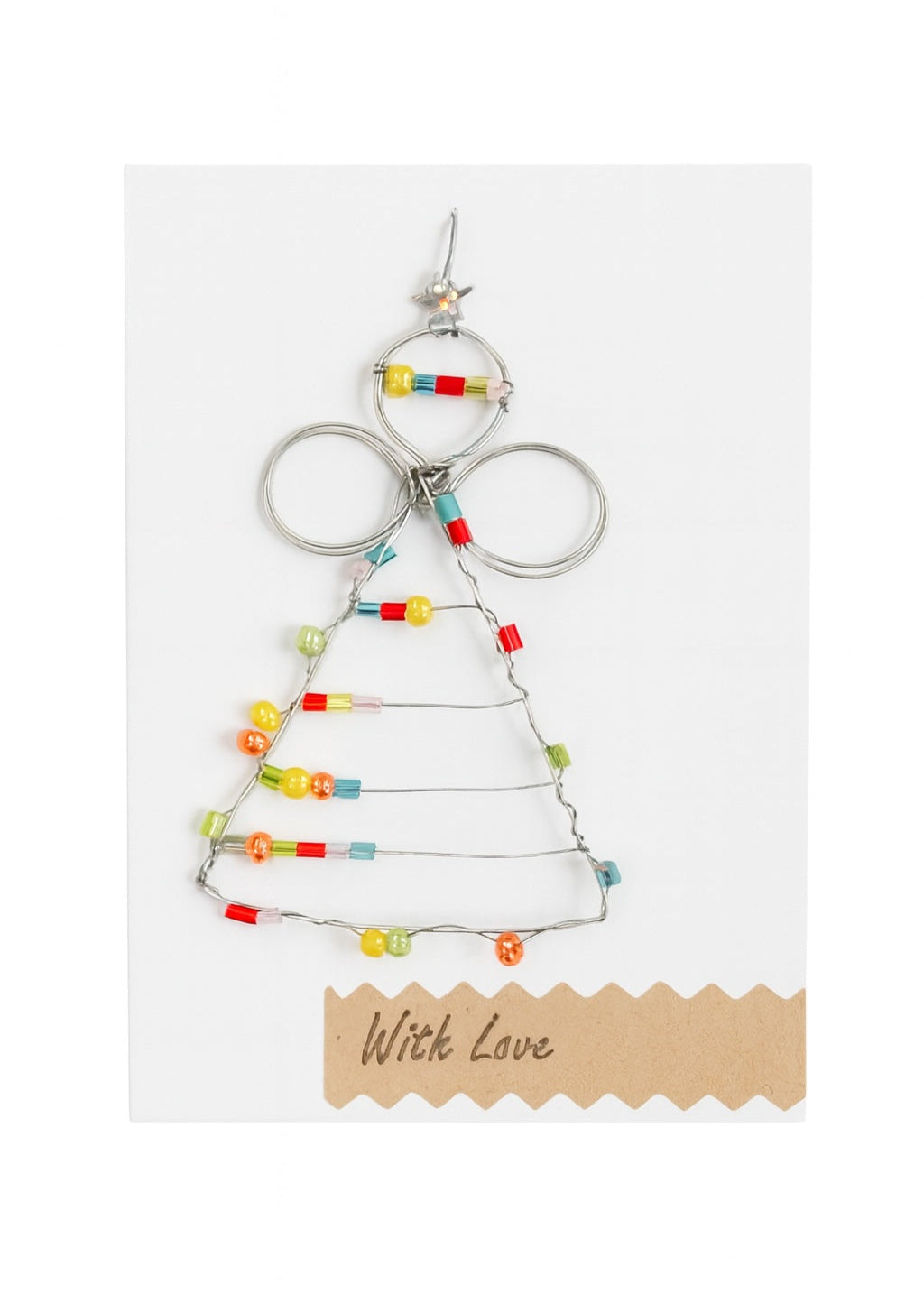 Decorative Gift angel shaped with colourful beads on a white background.