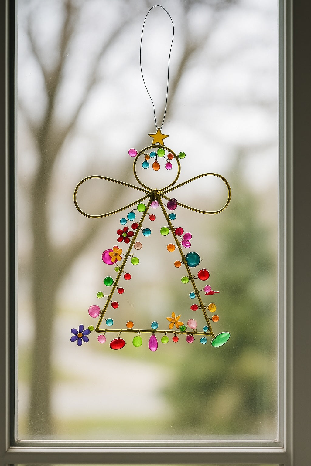 Handmade Wire Angel Decoration – 12cm Gold Wire with Multi Colour Beads & Sequins