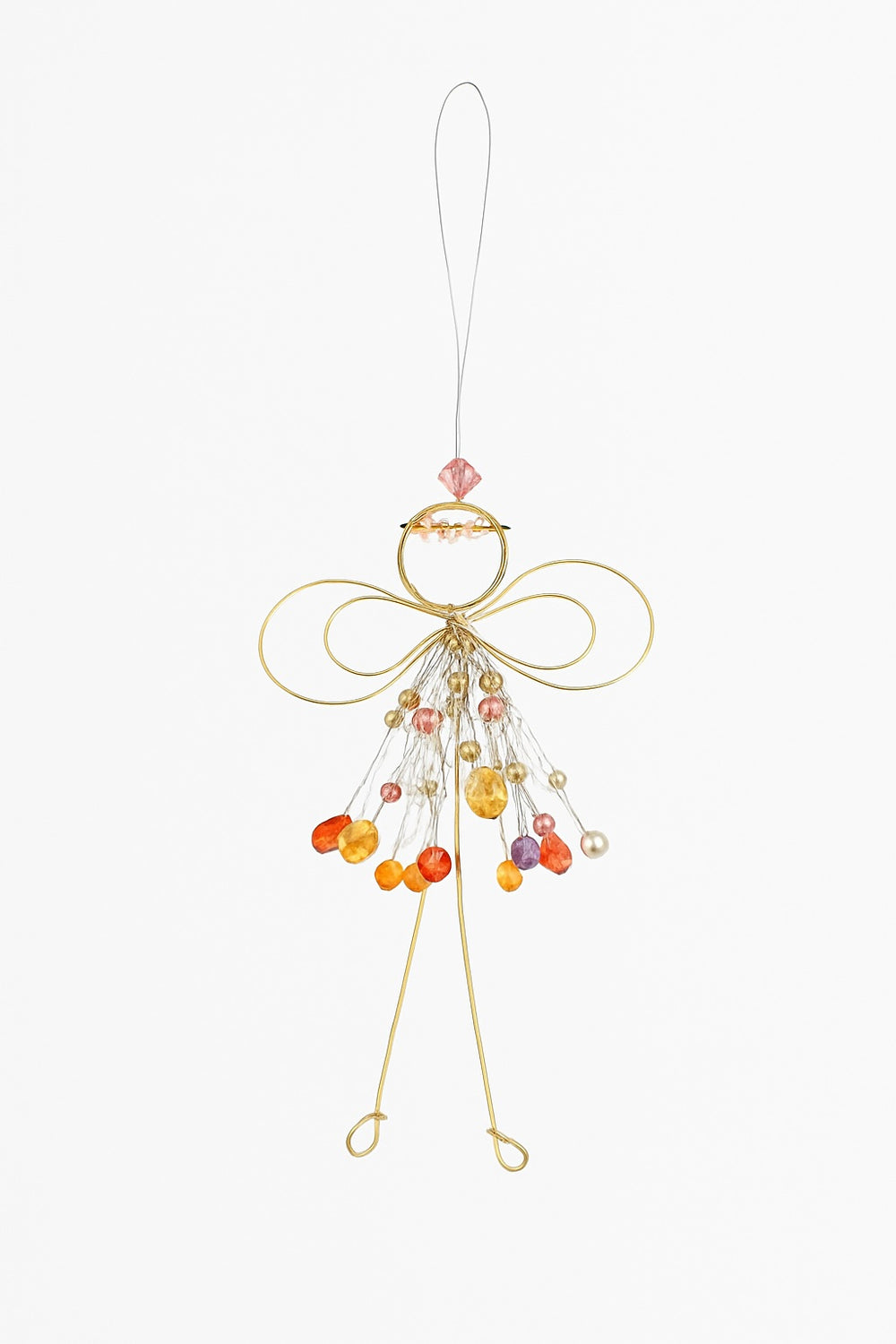 Decorative angel ornament with beads on a white background