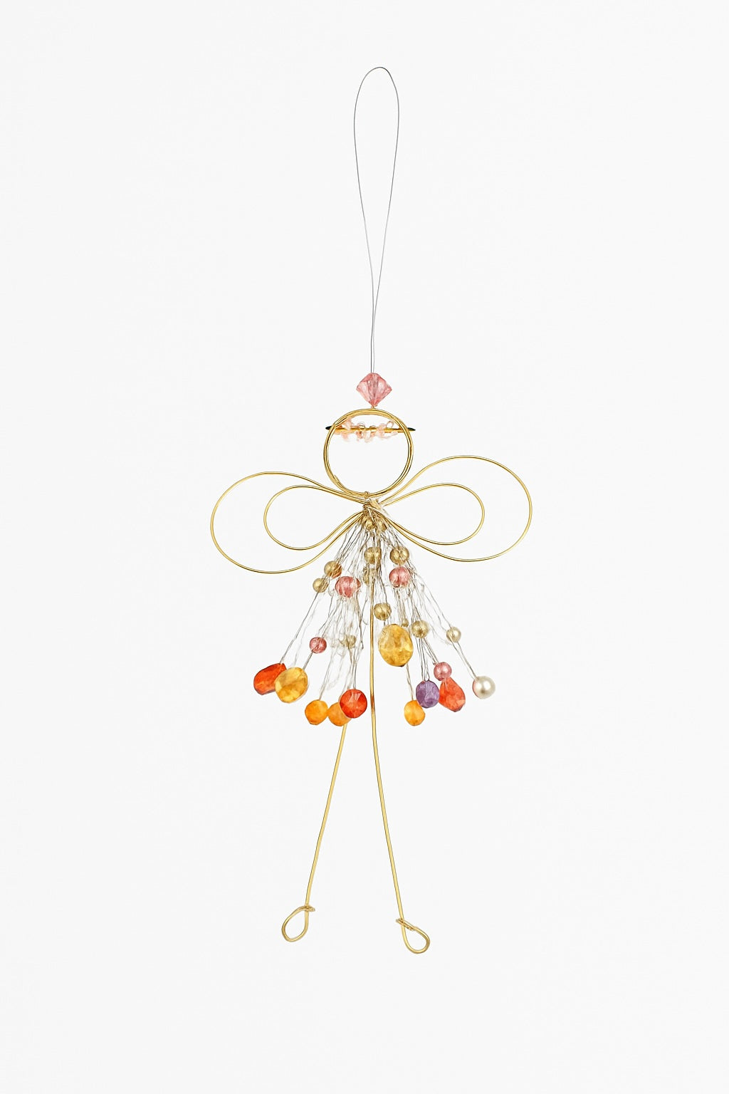 Decorative angel ornament with beads on a white background