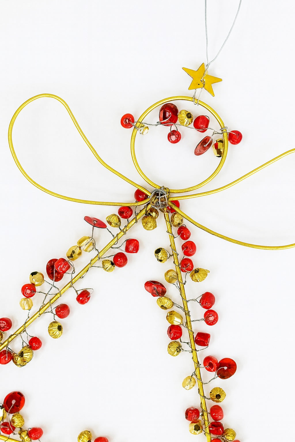 Handmade Wire Angel Decoration – 14cm Gold Wire with Red Beads & Sequins