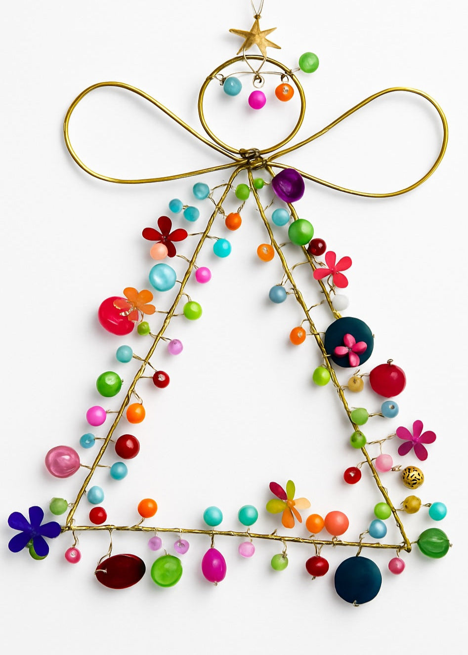 Decorative Christmas tree made of colourful beads and ribbons on a white background