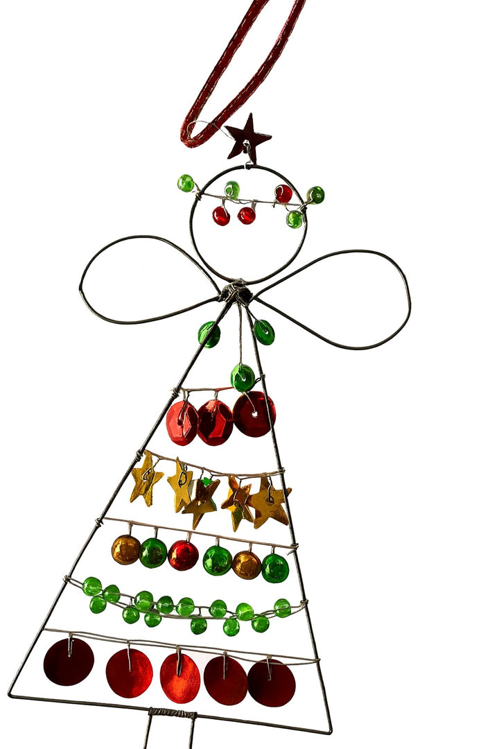 Decorative angel figure with red, green, and gold beads on a white background