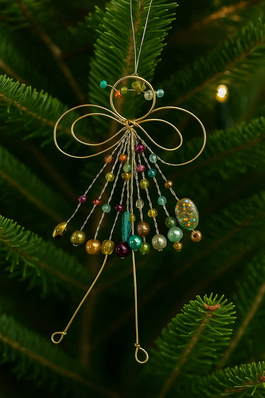Decorative angel ornament with beads hanging on a green pine branch.