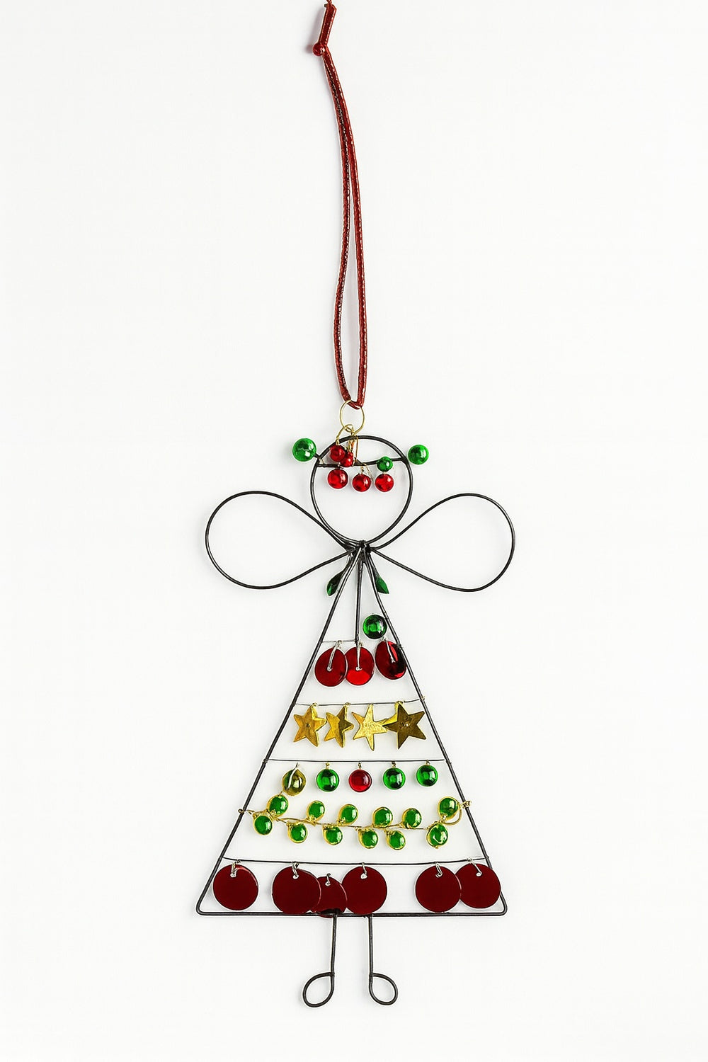 Decorative angel ornament with colourful beads on a white background