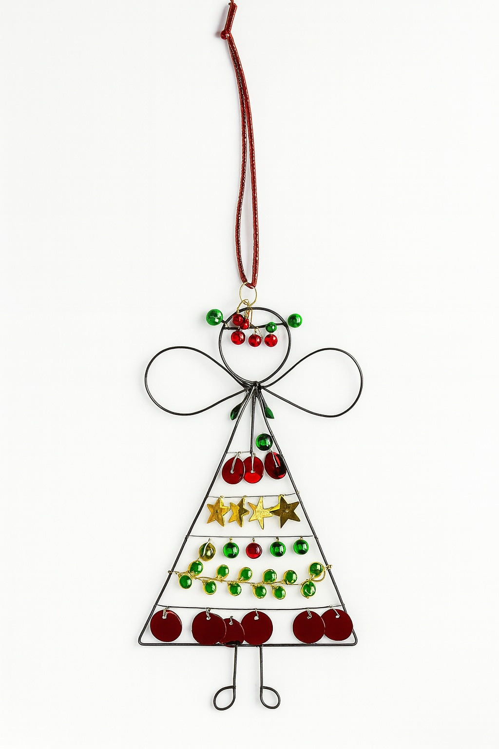Decorative angel ornament with colourful beads on a white background