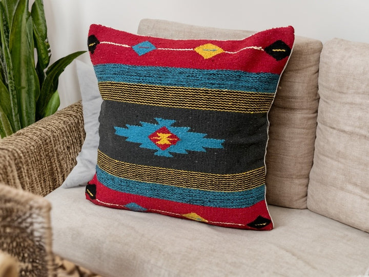 Hand Crafted Red Blue Multi Colour Cotton Kilim Cushion Cover 50 cm x 50 cm