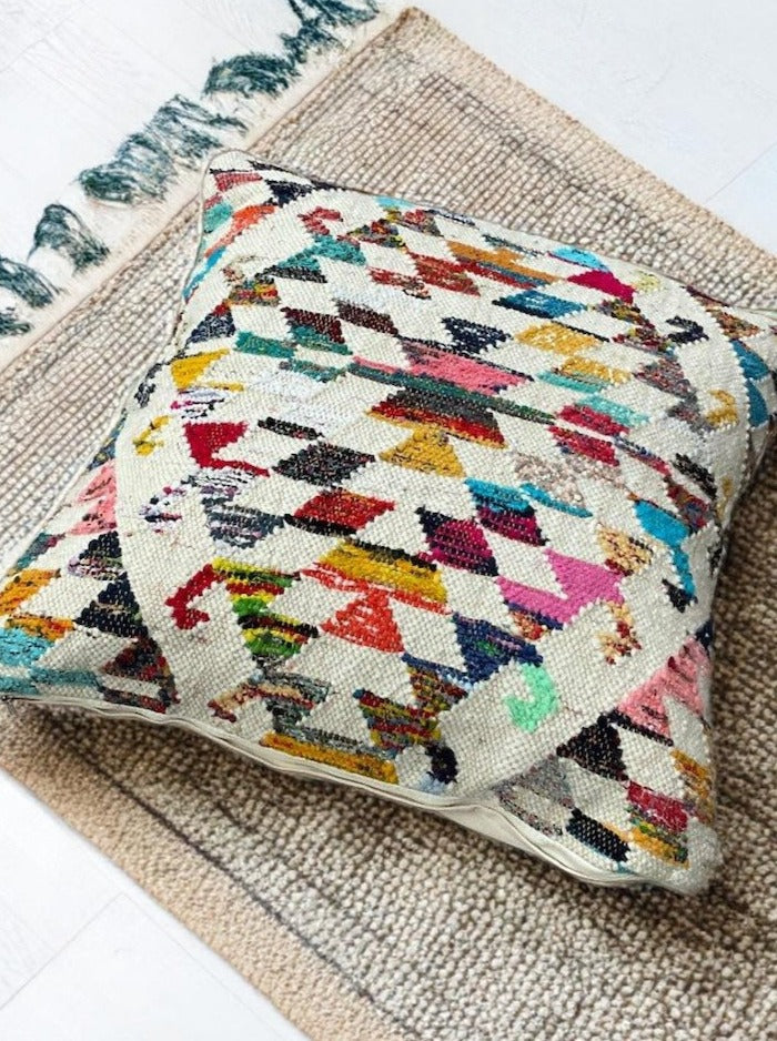 Large Kilim Floor Cushion Cream Rainbow Geometric Design 70 x 70 cm