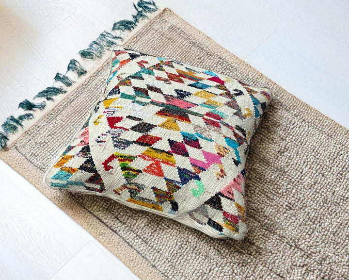 Large Kilim Floor Cushion Cream Rainbow Geometric Design 70 x 70 cm