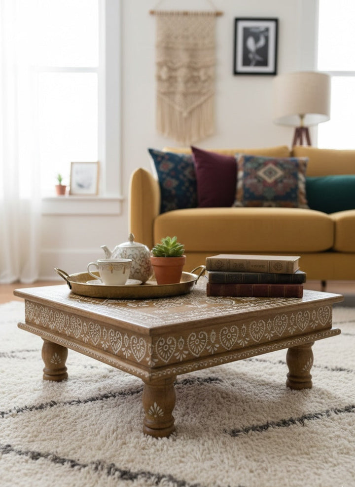 Decorative coffee table with a teacup, books, and a plant in a living room setting.