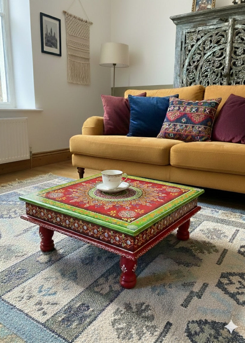 Living room with a yellow sofa, colourful coffee table, and decorative pillows.