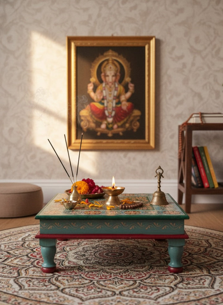 Decorative table with religious items in a room with a painting on the wall.
