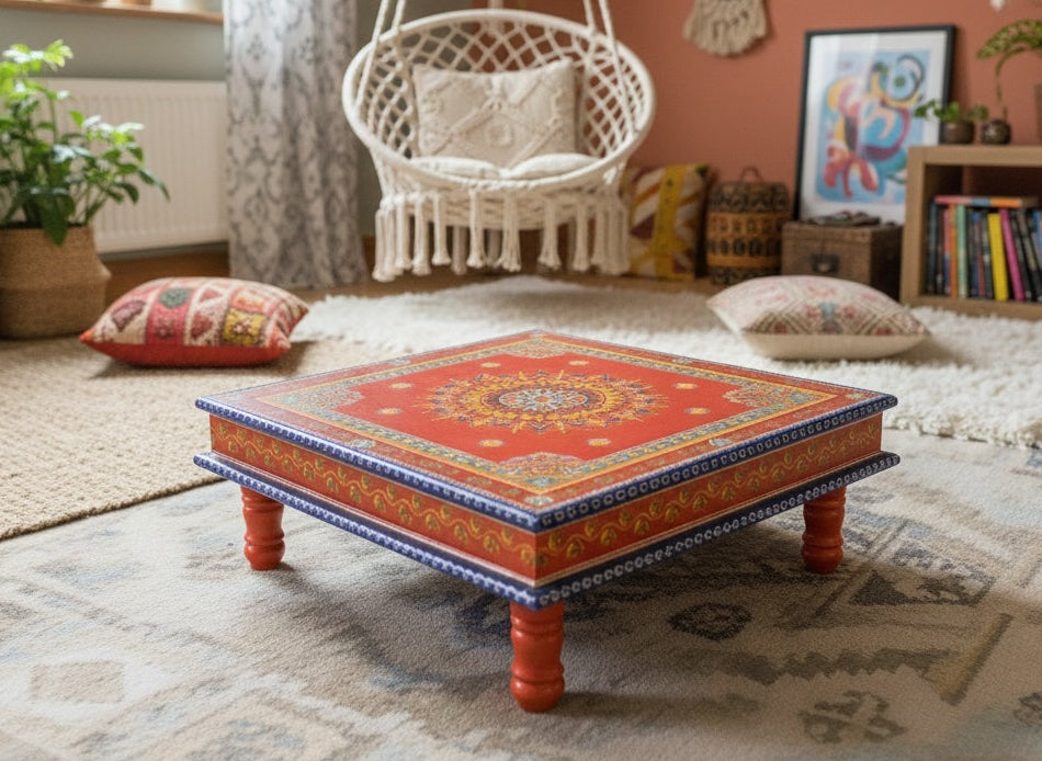 Decorative coffee table with colourful patterns in a cozy living room.