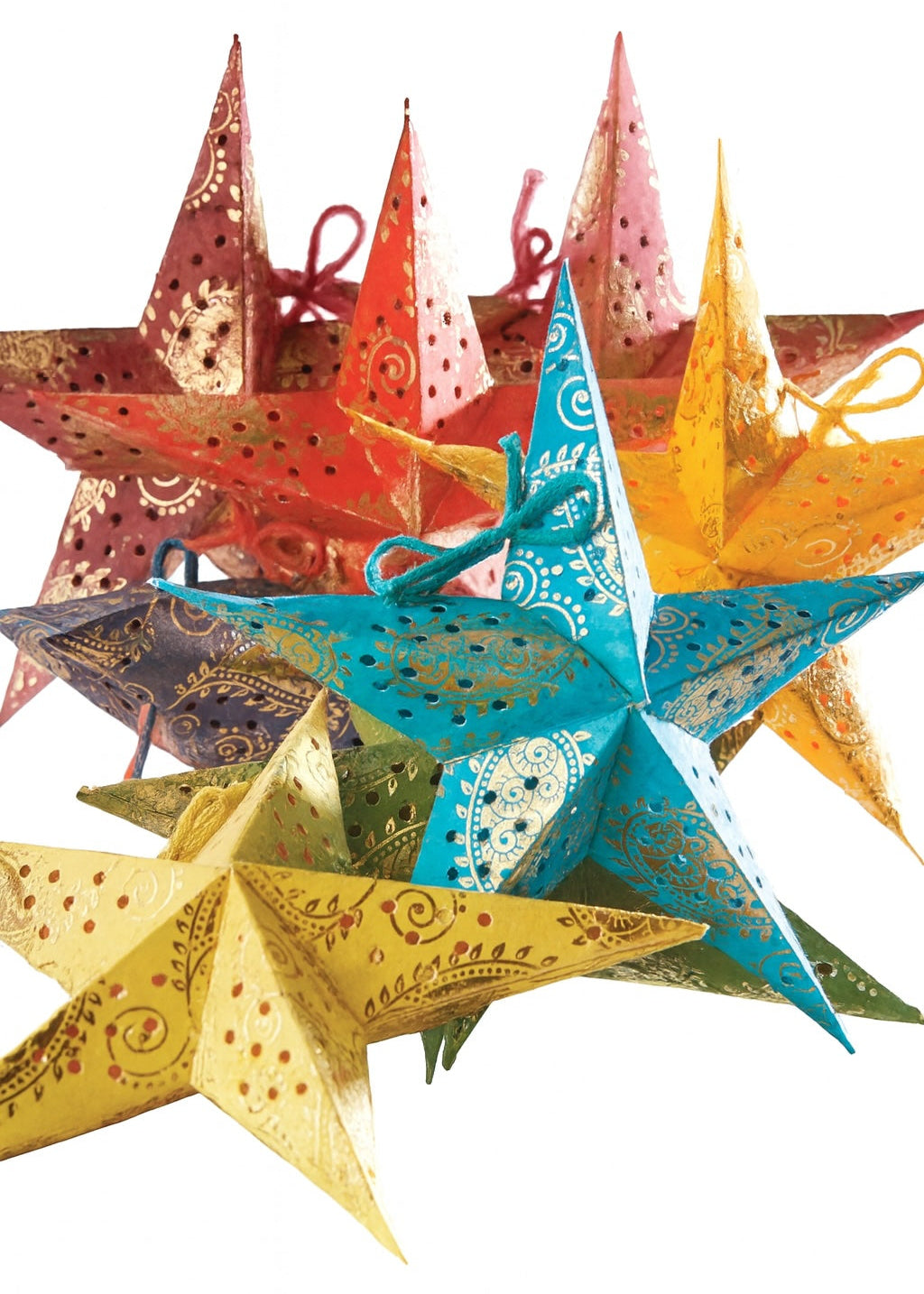 Colourful star-shaped paper lanterns on a white background