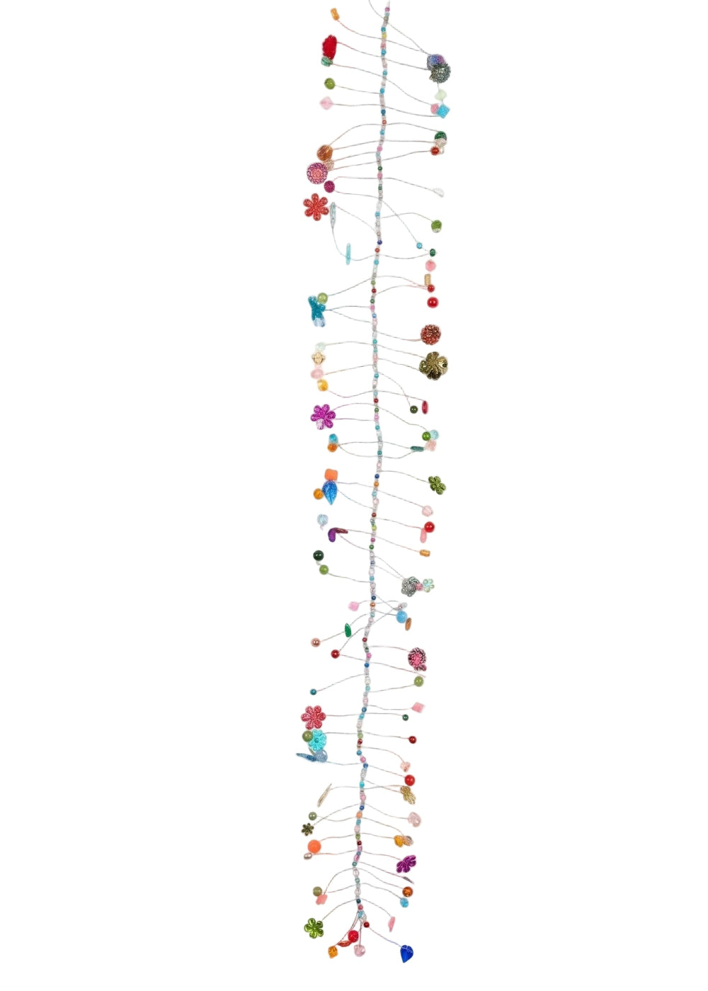 A long vertical hanging wall art piece made of many thin strings with small colorful decorative beads and floral-like accents, photographed against a plain white background.
