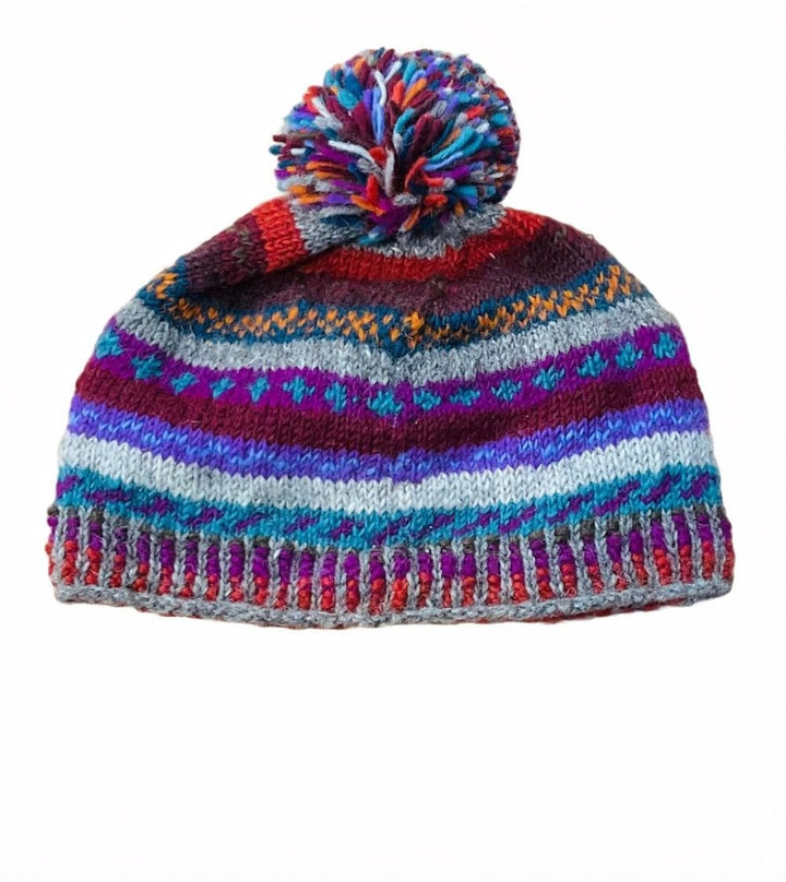 New Zealand Wool Beanie Hat With Pom Pom Mulberry Multi Colours Striped Pattern