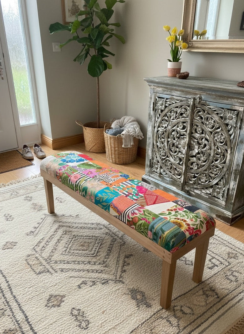 Multi Colour Patchwork Bench sitting on a rug with a blue Indian cabinet