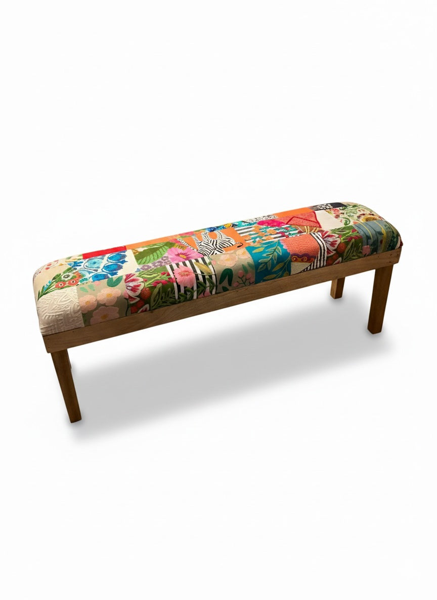 Handmade Patchwork Mango Wood Bench – 120cm Luxury Indian Cotton Upholstered Footstool