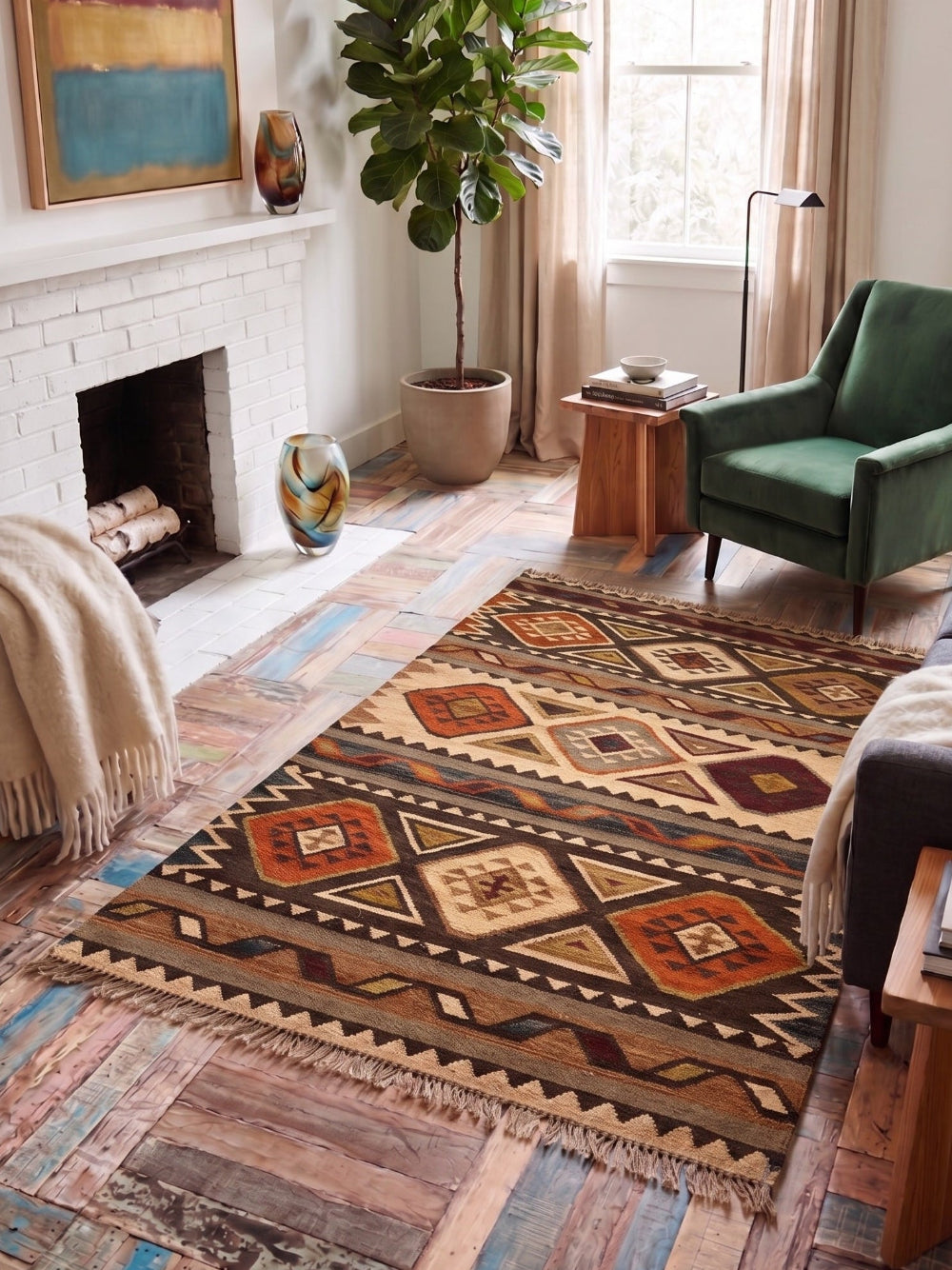 A rectangular area rug with a Southwestern geometric pattern in brown, beige, orange, and red tones, styled on a rustic wood floor in a cosy living room setting.