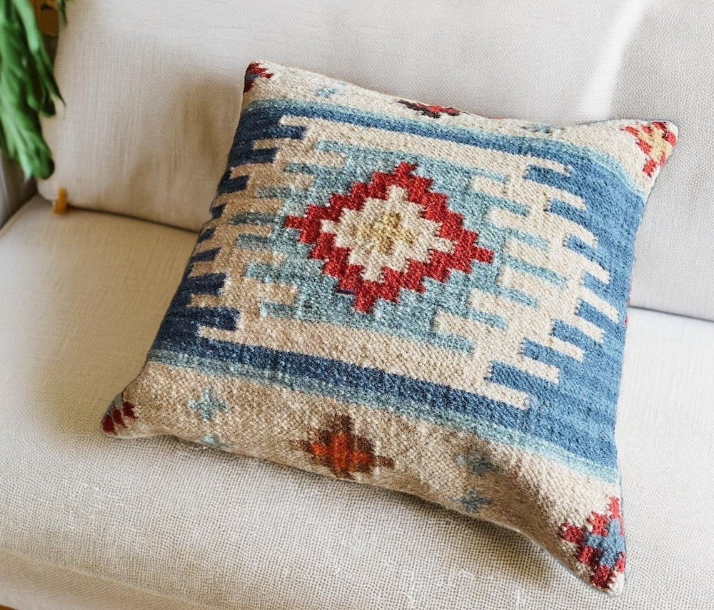 Natural Blue Wool and Cotton Kilim Cushion Covers With a Geometric Pattern 2 Sizes