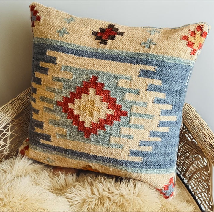 Natural Blue Wool and Cotton Kilim Cushion Covers With a Geometric Pattern 2 Sizes