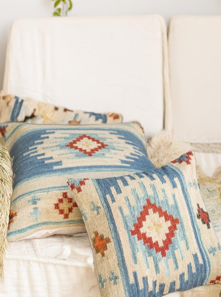 Natural Blue Wool and Cotton Kilim Cushion Covers With a Geometric Pattern 2 Sizes