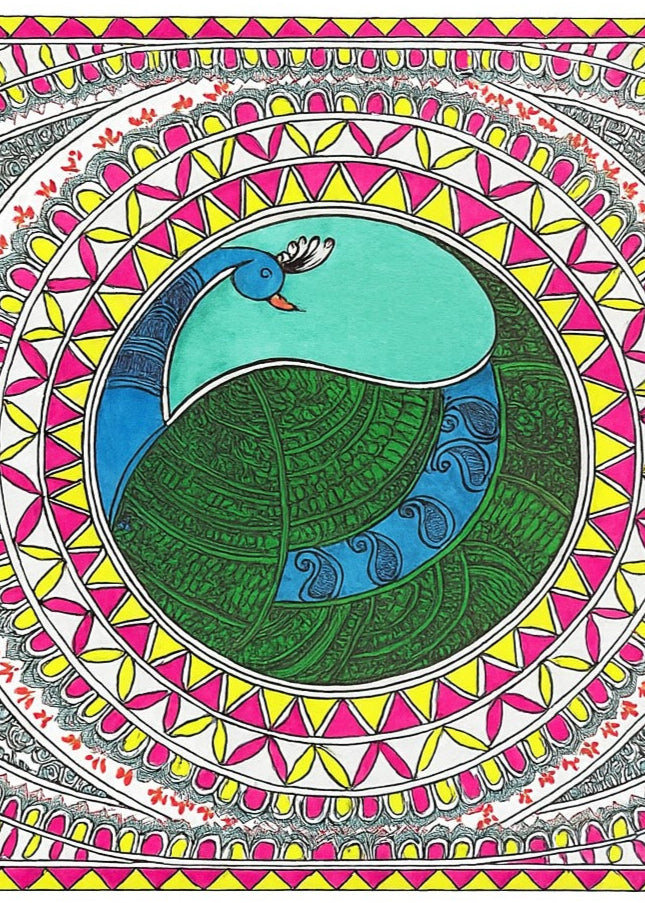 Traditional Authentic Indian Painting Abstract Design Indian Pink Peacock Multi Colour Painting Only Madhubani artwork on Paper
