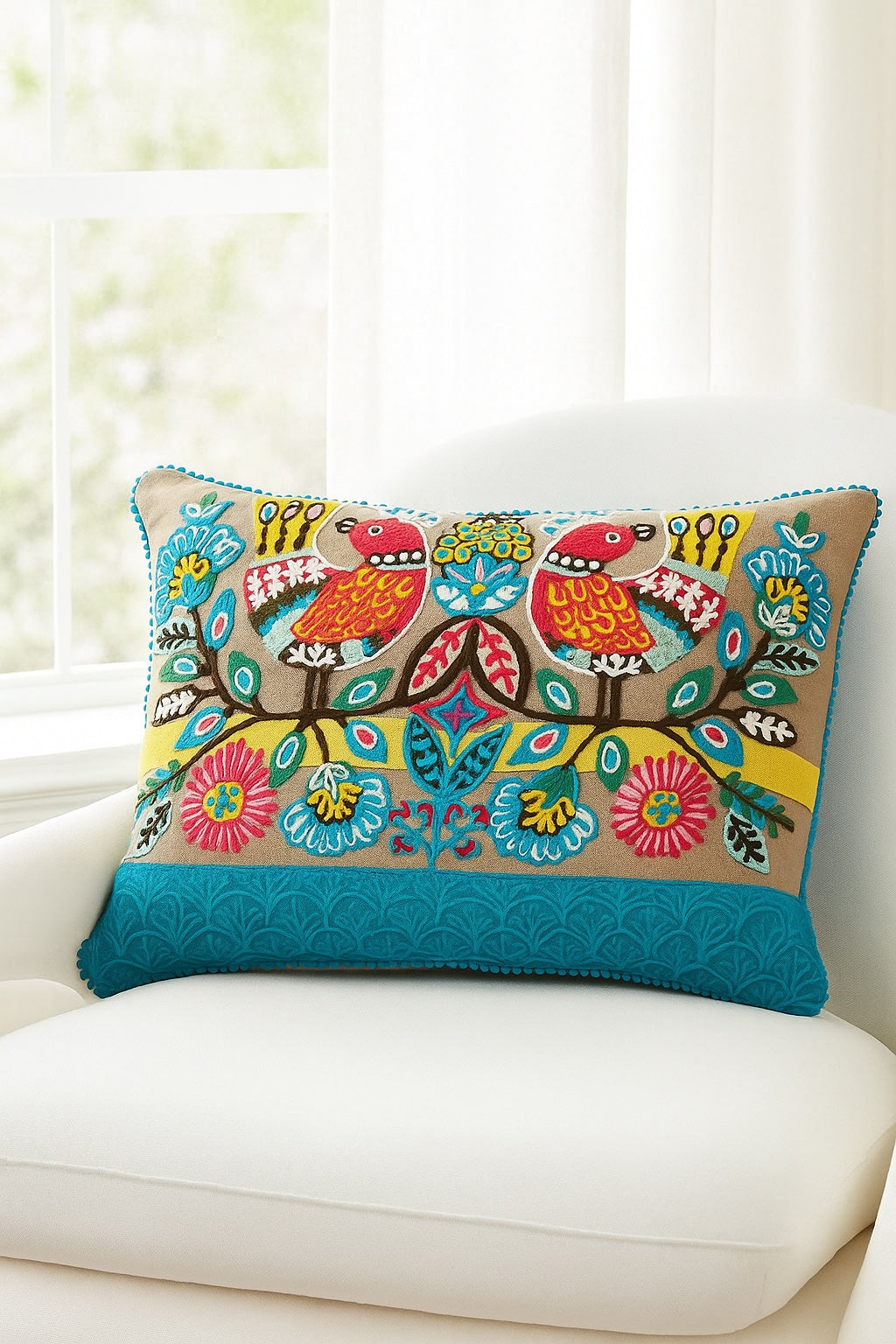 Embroidered Cotton Birds Cushion Cover – Handcrafted Boho Decor (35x50cm)