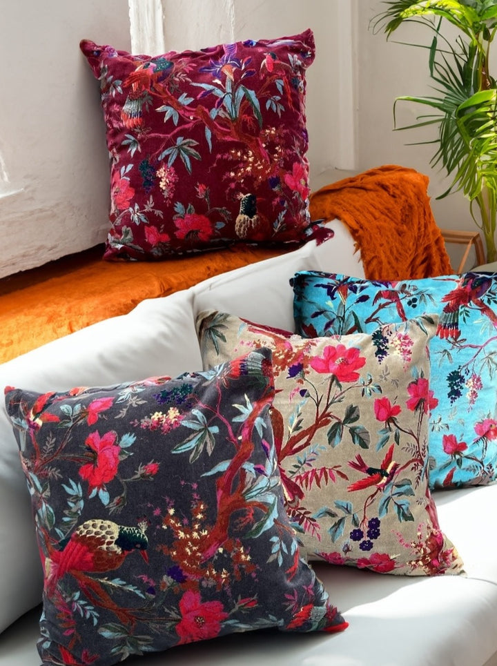 Velvet Cushion Cover with Bird of Paradise Design