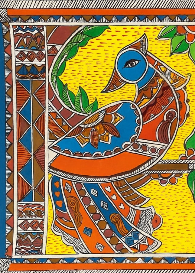 Traditional Authentic Indian Painting Abstract Design Indian Birds Multi Colour Painting Only Madhubani artwork on Paper